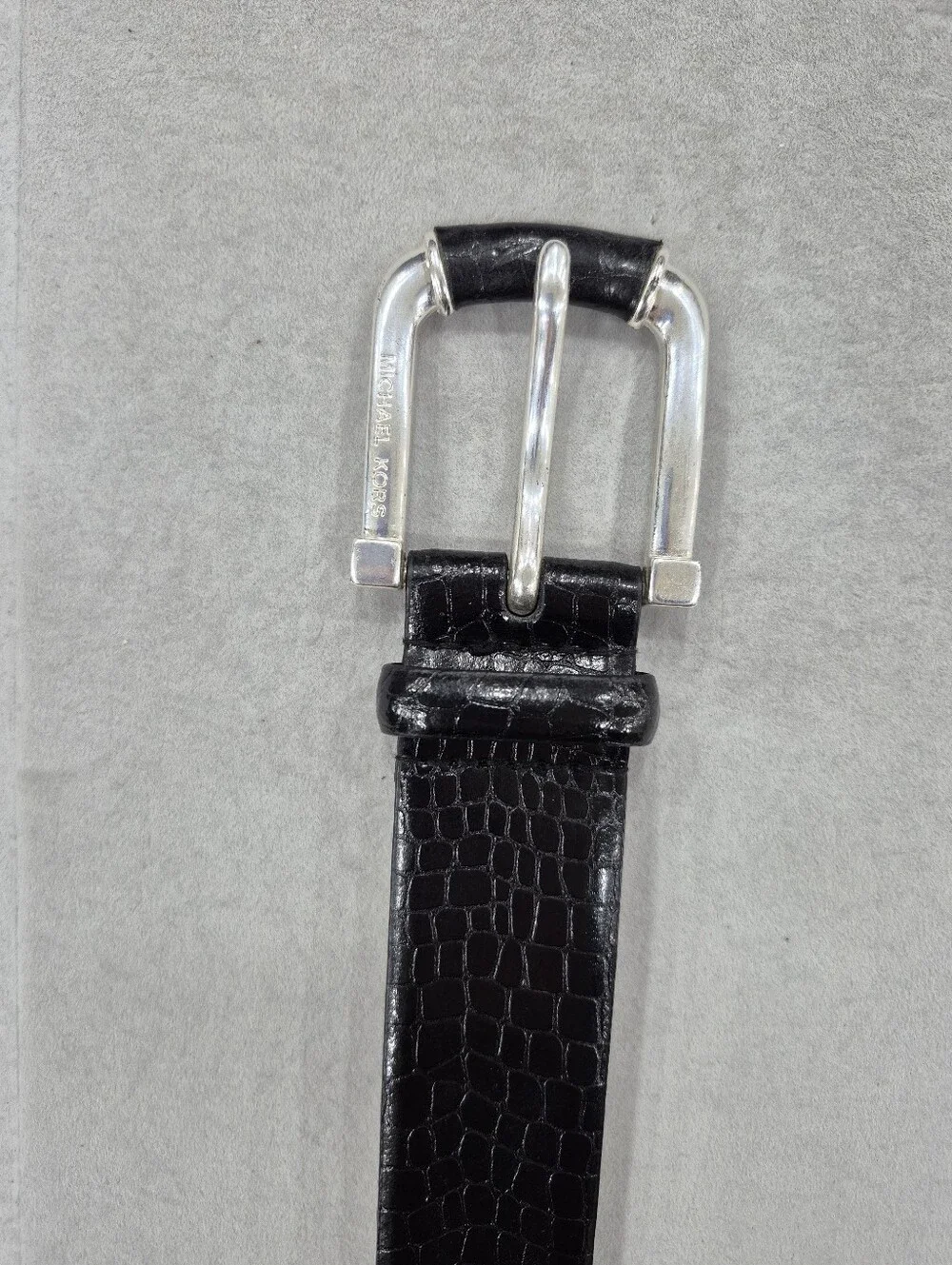 Michael Kors belt women's large black leather croc embossed silver buckle logo